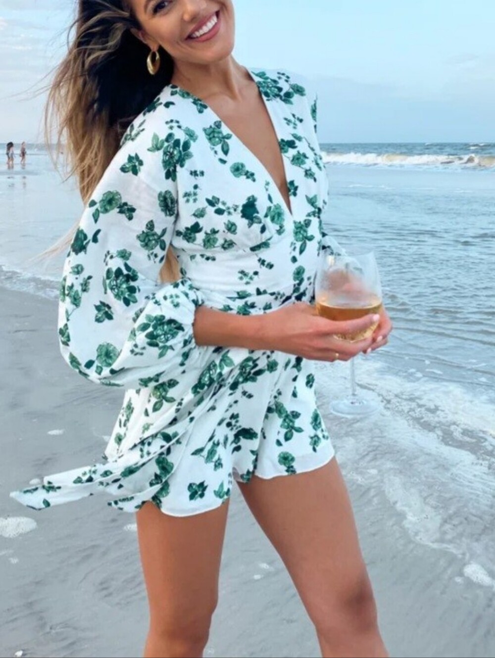 NEW! Keepsake Linen Fallen Long Sleeve Romper With Jade Floral Size M